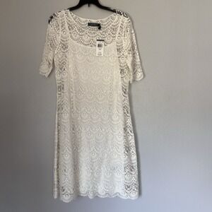 Ralph Lauren Dress‎ Women Ivory White Macrame 3/4 Sleeve  Medium Knee Length